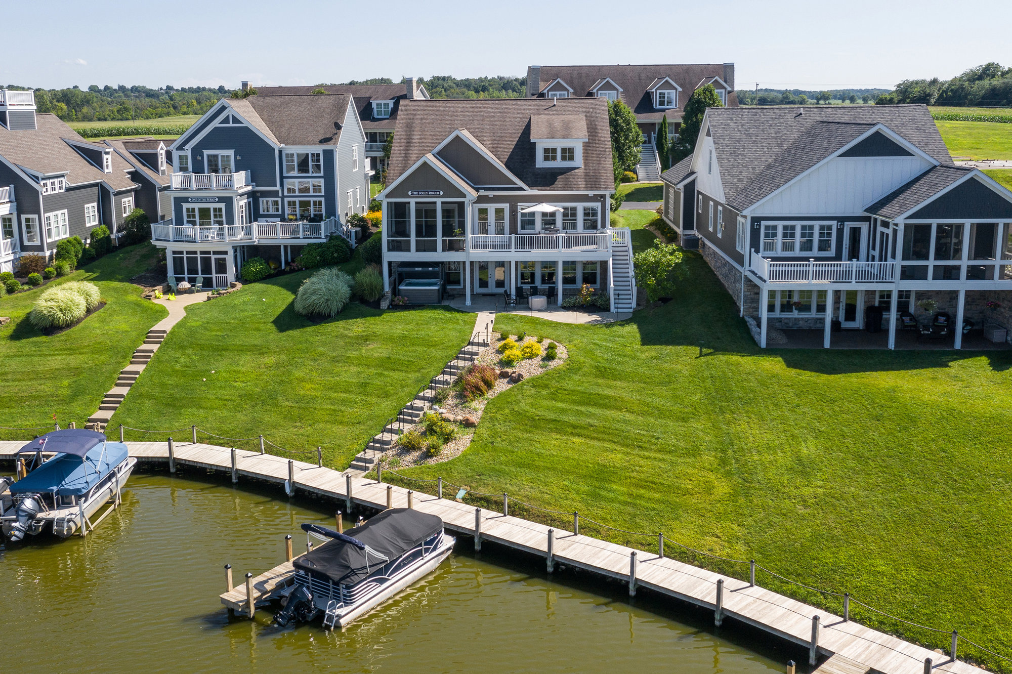 Aerial view of waterfront homes