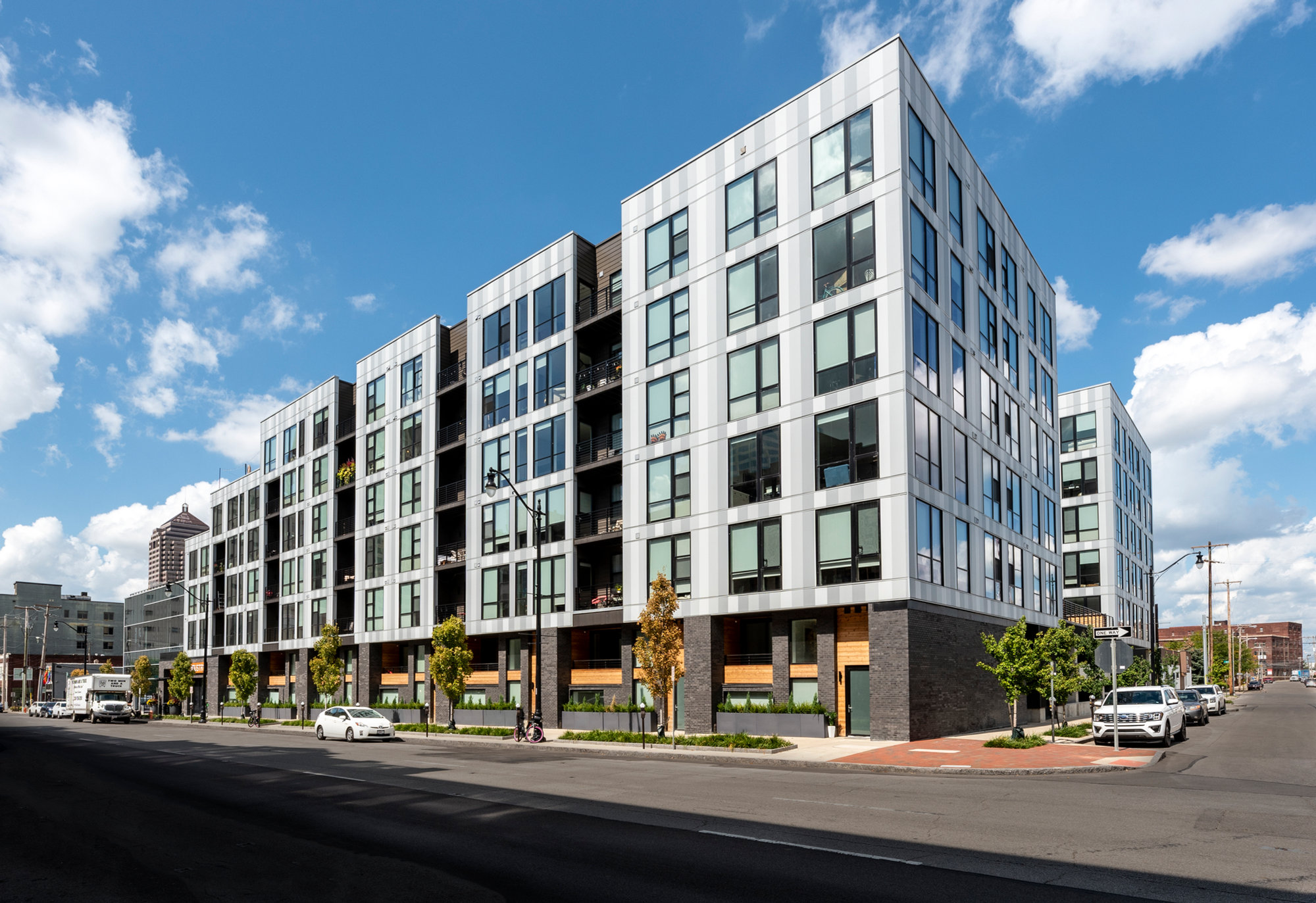 Condominium building under a blue sky