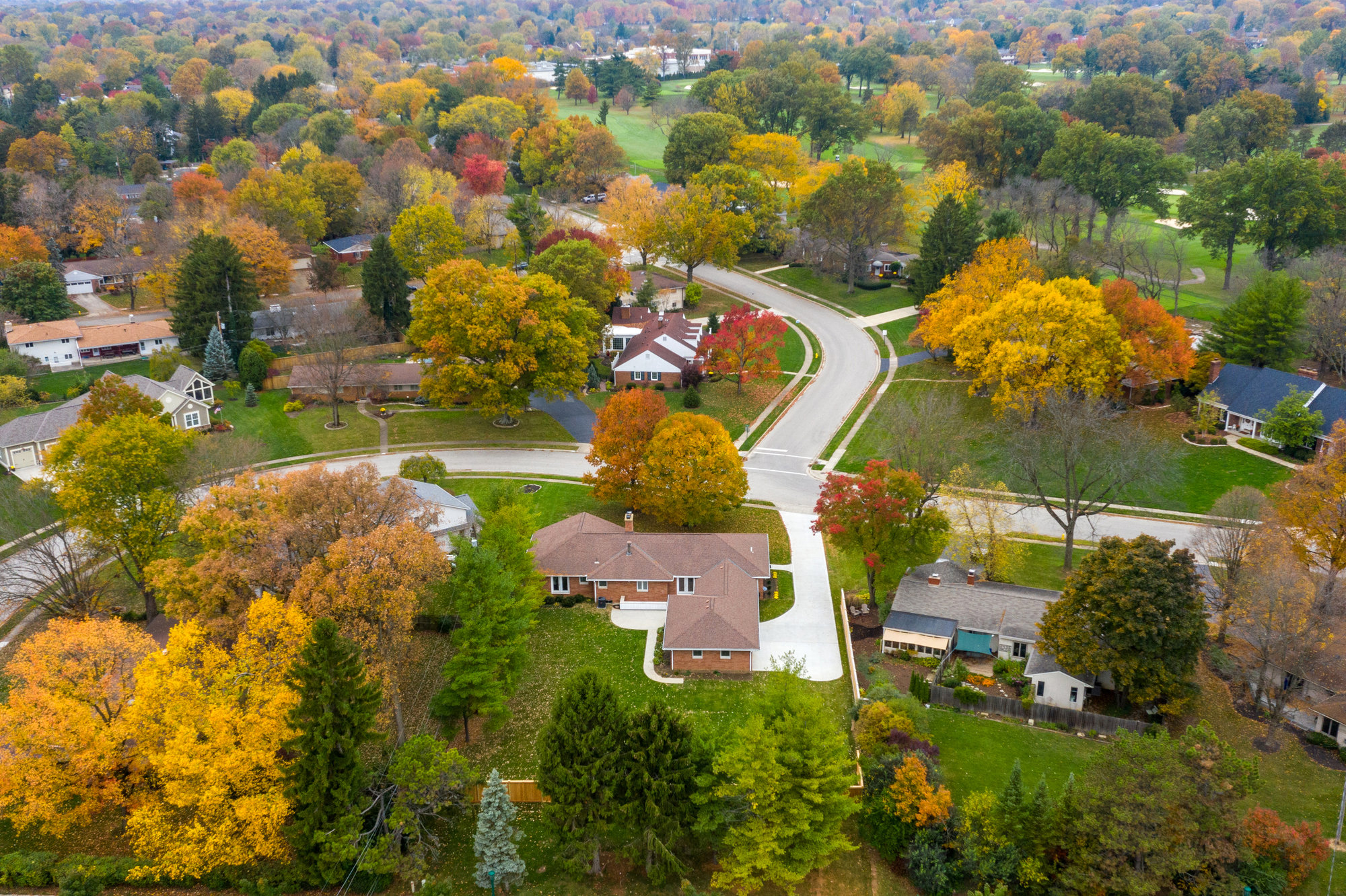 Aerial view of a neighborhood with autumn trees