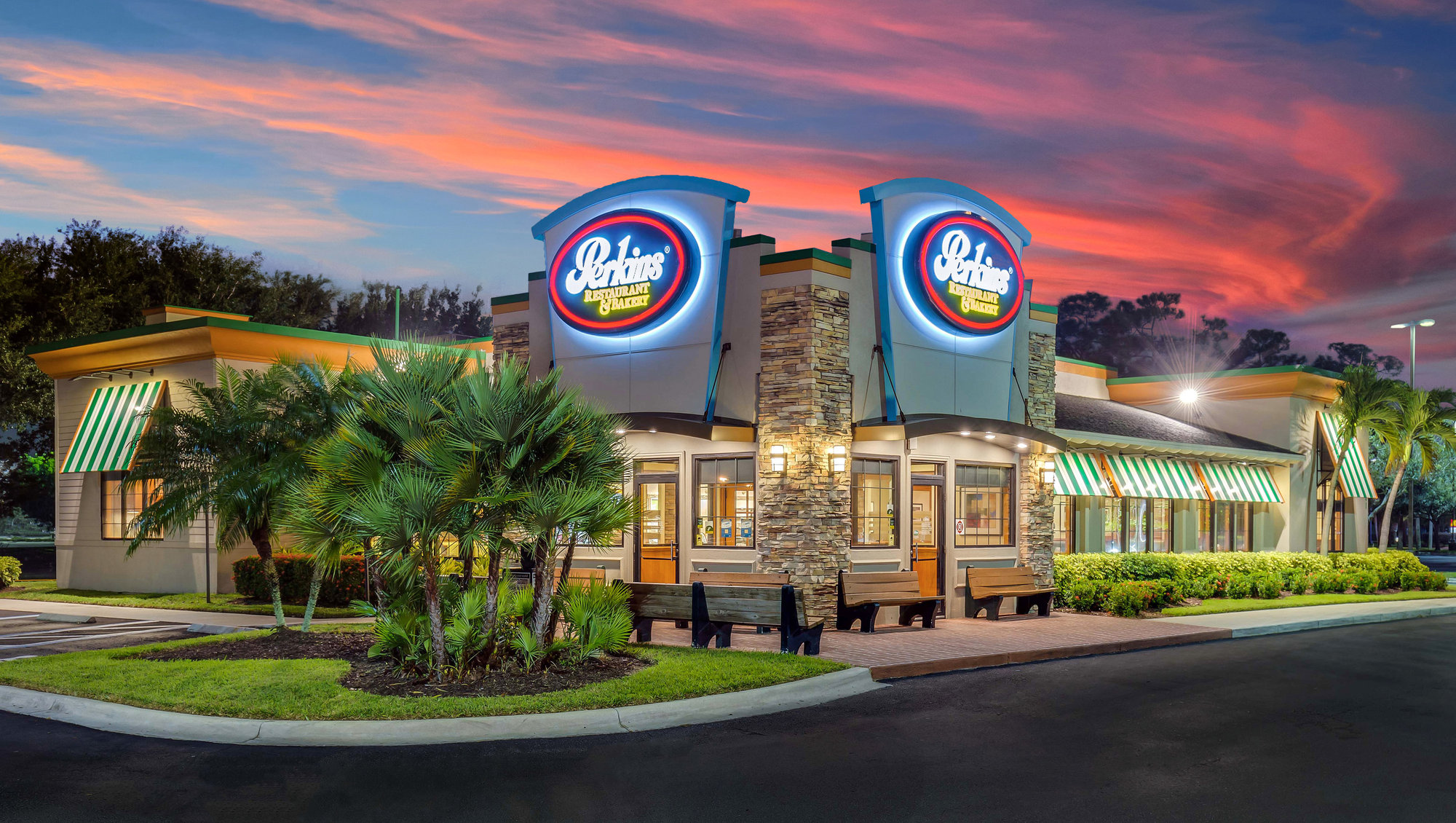 Restaurant exterior at dusk