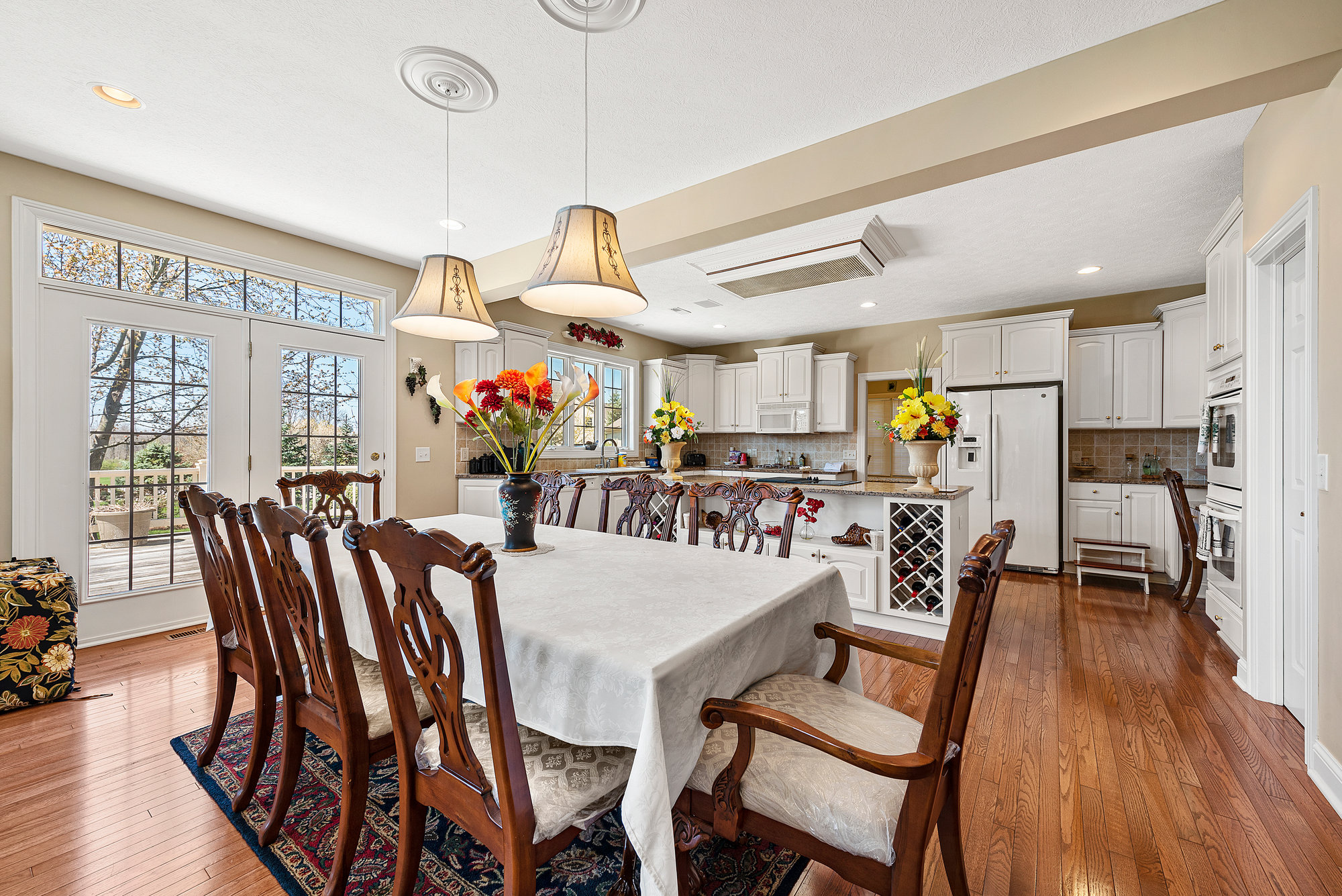 Dining room with warm wood tones
