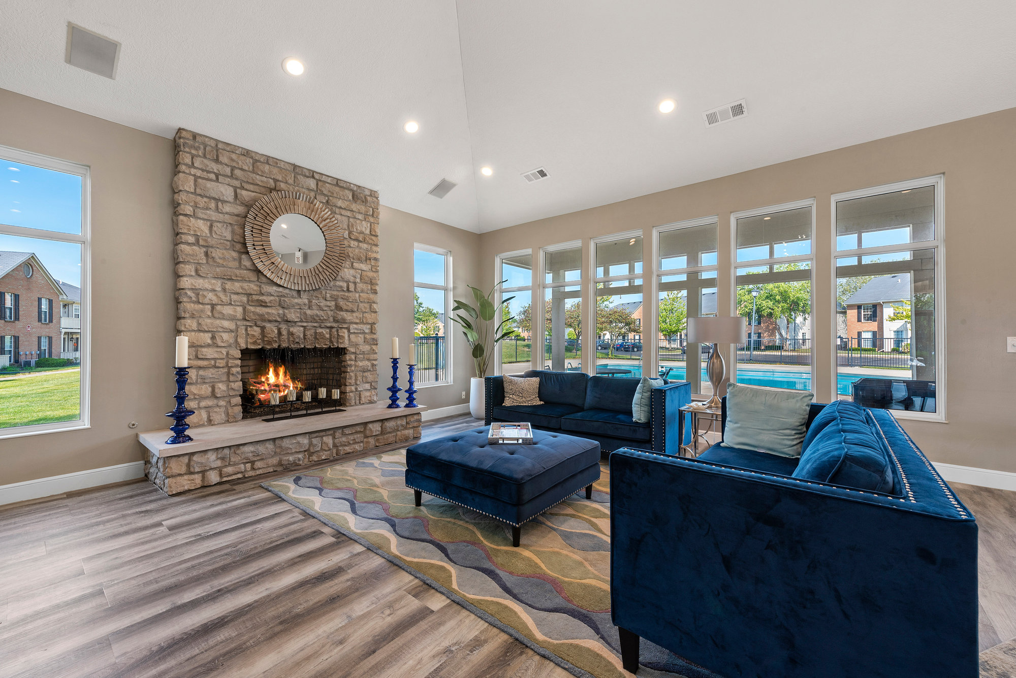Living room with fireplace and wood floors