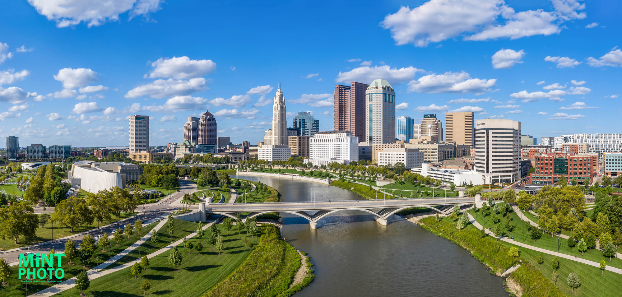 Aerial panorama of a city skyline